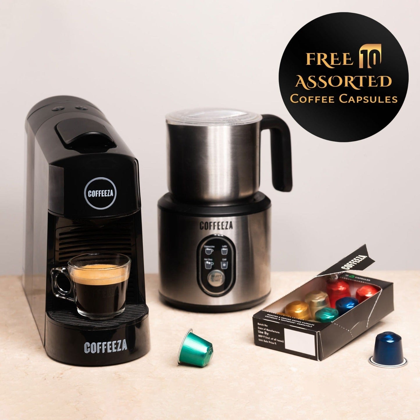 Coffeeza Coffeeza Finero Next Coffee Machine, Milk Frother and 14 capsule Combo