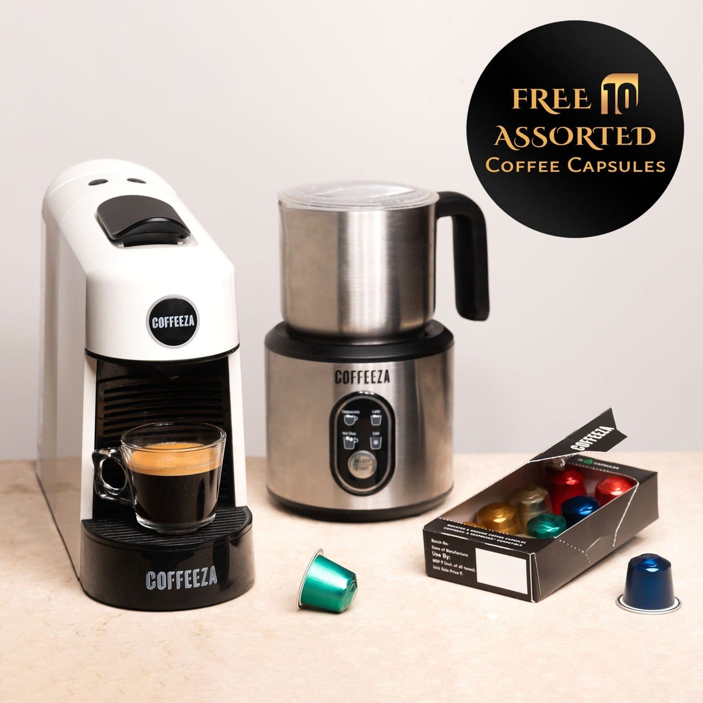 Coffeeza Coffeeza Finero Next Coffee Machine, Milk Frother and 14 capsule Combo