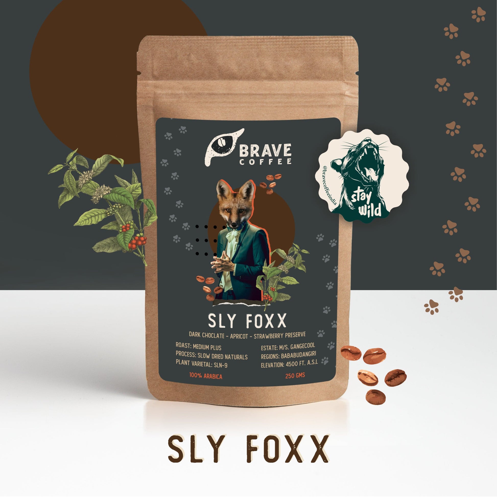 Brave Coffee Ground And Whole Beans 250gms / Whole Beans Brave Coffee- SLY FOXX