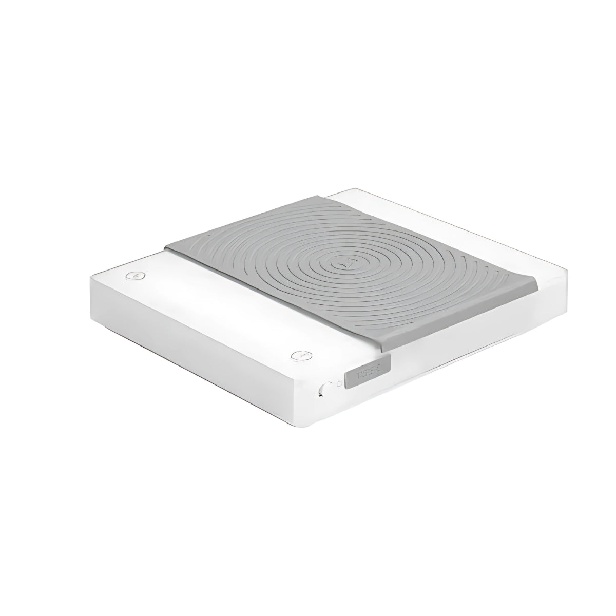 White electronic device with a gray spiral pattern on a white background