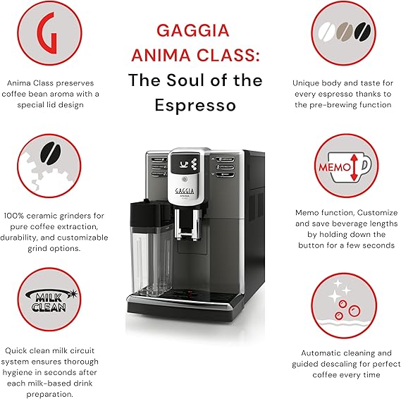 Gaggia Anima Class Automatic Bean to Cup Coffee Machine, Espresso and Cappuccino Maker