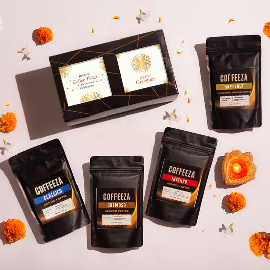 Coffeeza Gift box Coffeeza Gift Set of 4 Ground Coffee - 100gm Each I Fine Grind (Moka Pots & Espresso Machines)Classico, Cremoso, Intenso, Hazelnut