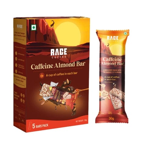 Rage Coffee Almond bar 150gms Rage Coffee Caffeine Almond Bars 150g, Pack of 5 (30g each) | Healthy Rage®️ Snacks with goodness of Almonds | Gluten Free, No Preservatives, Only Natural Ingredients