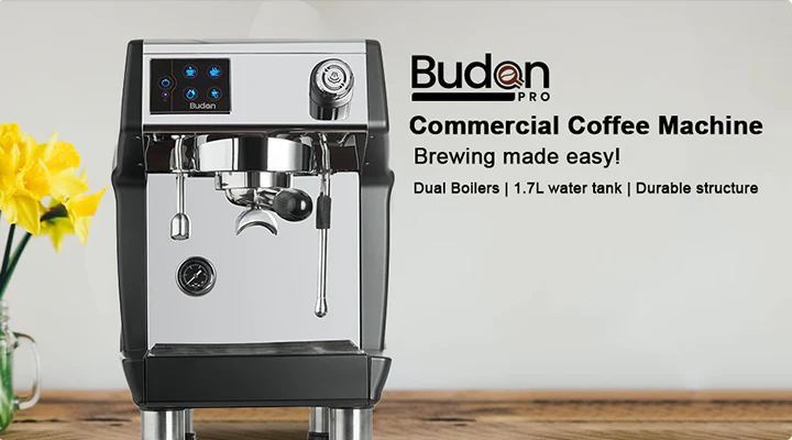 Commercial coffee machine with Budan branding on a wooden surface.