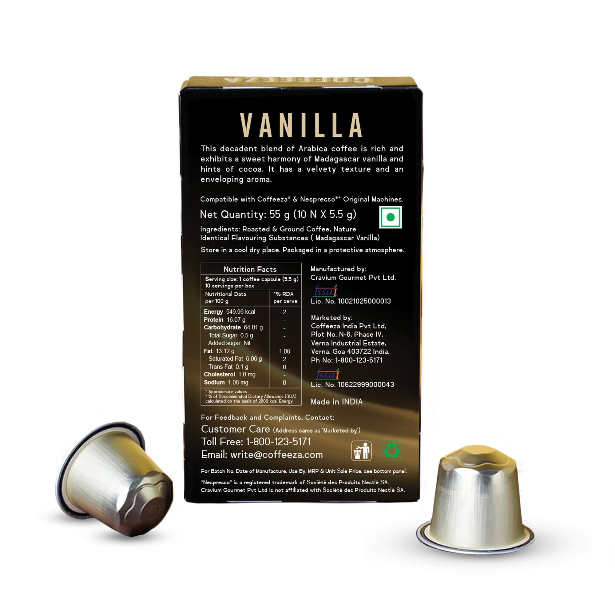 Coffeeza Vanilla Flavoured Aluminium Coffee Capsules Nespresso Compatible