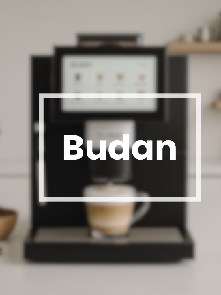 Budan coffee machine with a cup of coffee on a blurred background
