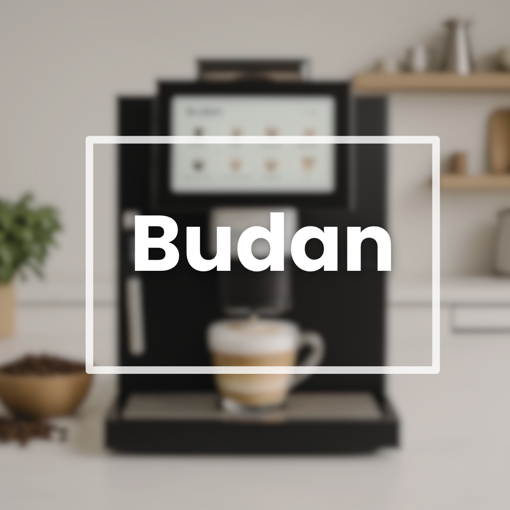 Budan coffee machine with a cup of coffee in a kitchen setting