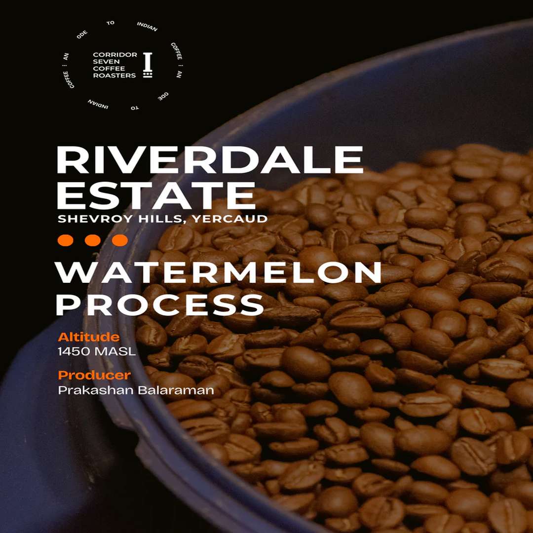 Coffee beans with text about Riverdale Estate coffee from Corridor Seven Coffee Roasters.