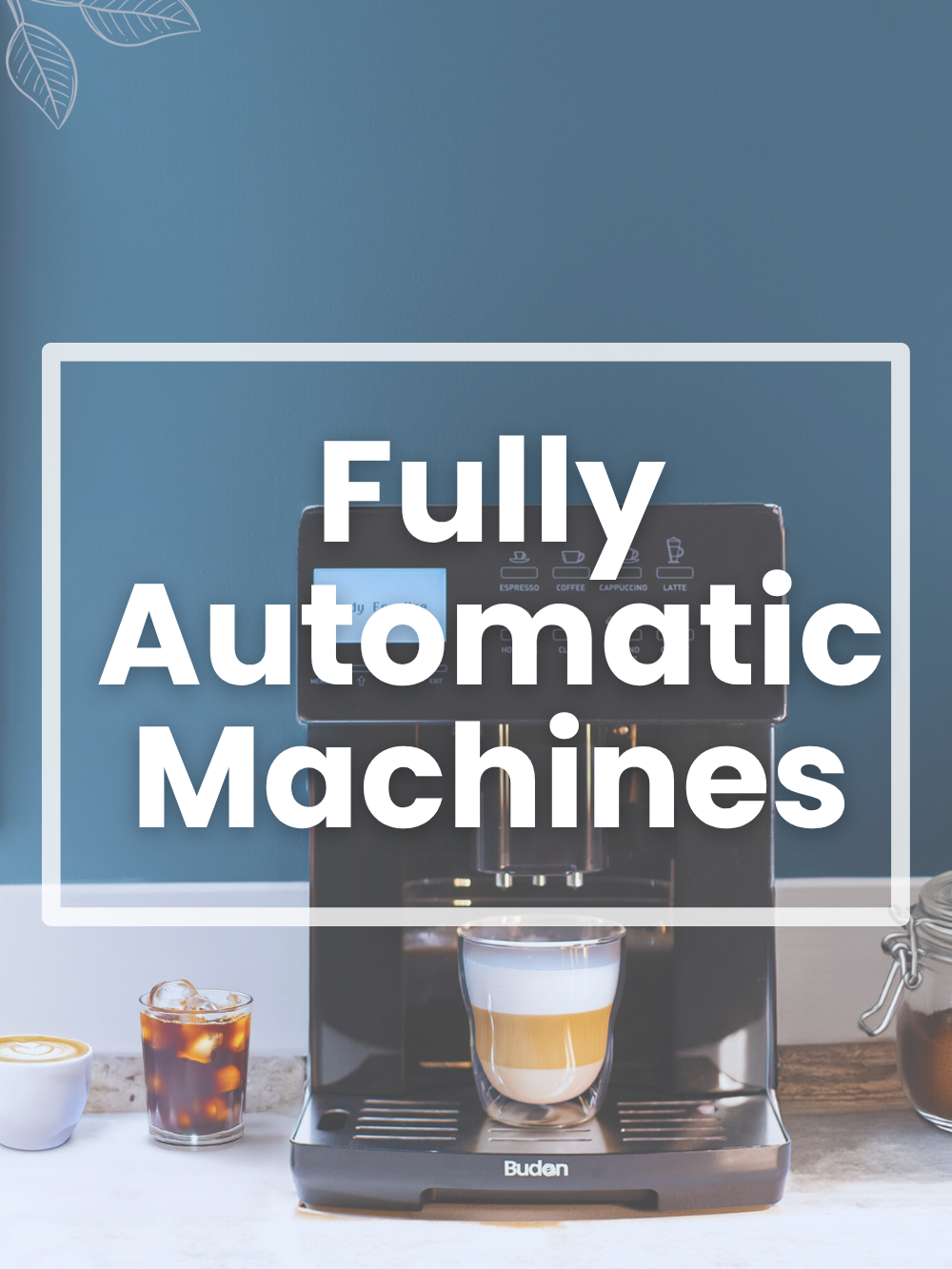 Budan coffee machine with a cup of coffee on a countertop against a blue wall.