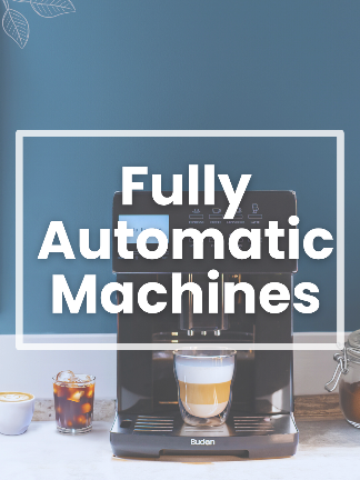 Budan coffee machine with a cup of coffee on a countertop against a blue wall.