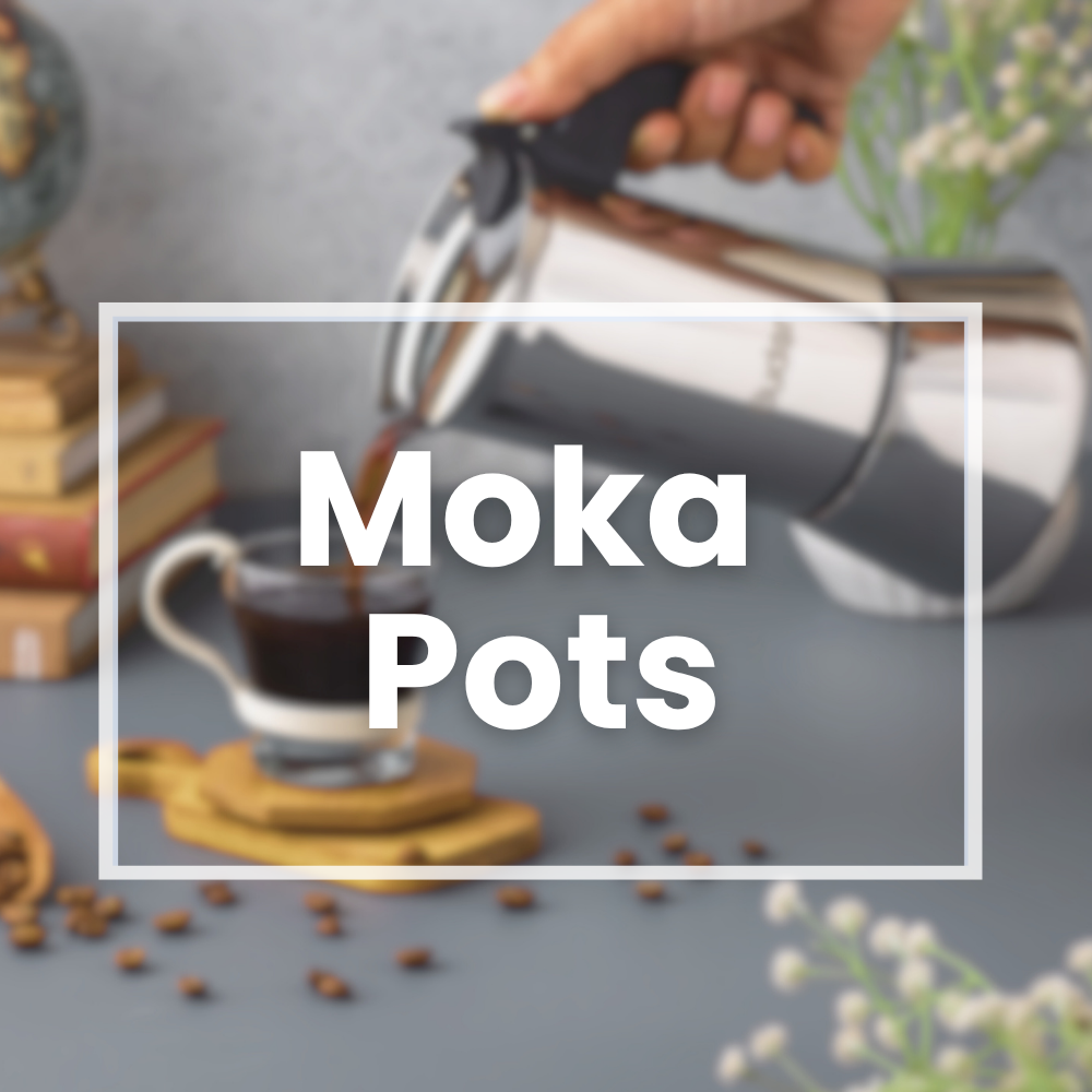 Moka pot being used to pour coffee with 'Moka Pots' text overlay.